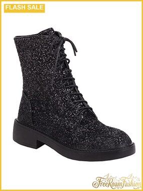 Women's Glitter Sequin Combat Boots Lace Up Round Toe Chunky Low Heel Ankle